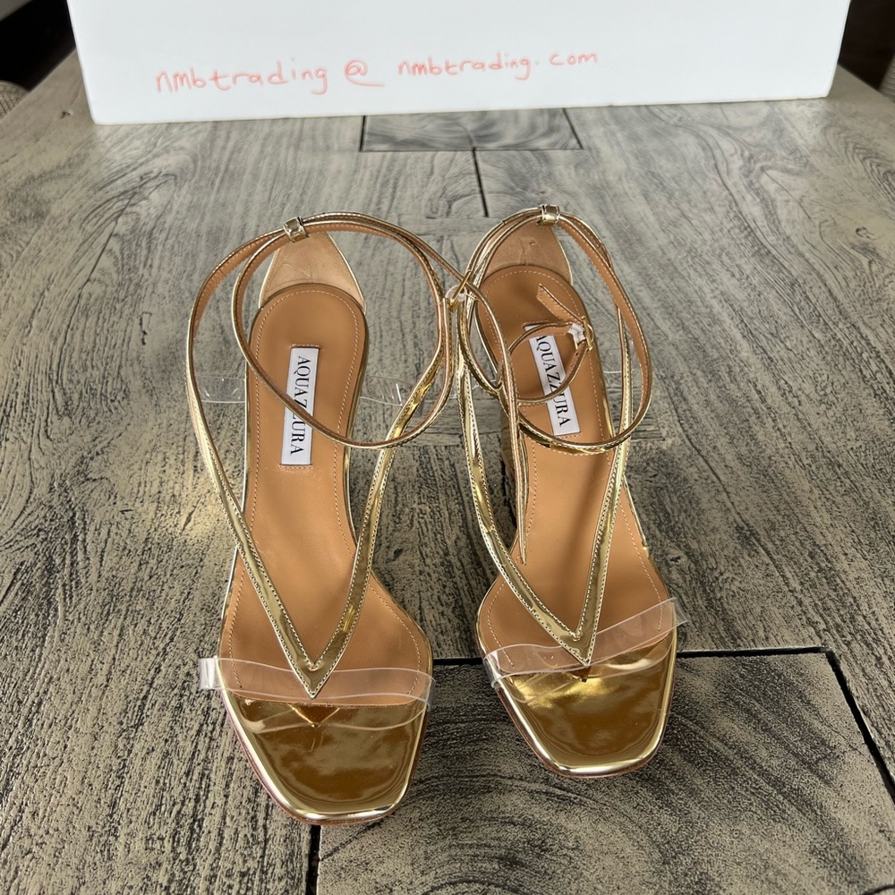 Aquazzura glossy gold metallic leather size 8M(38) strappy wedge heel sandals - Picture 9 of 16